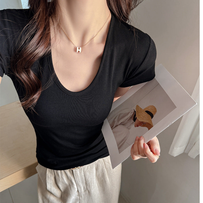Deep U-neck, straight shoulder short-sleeved summer slim-fit inner layer