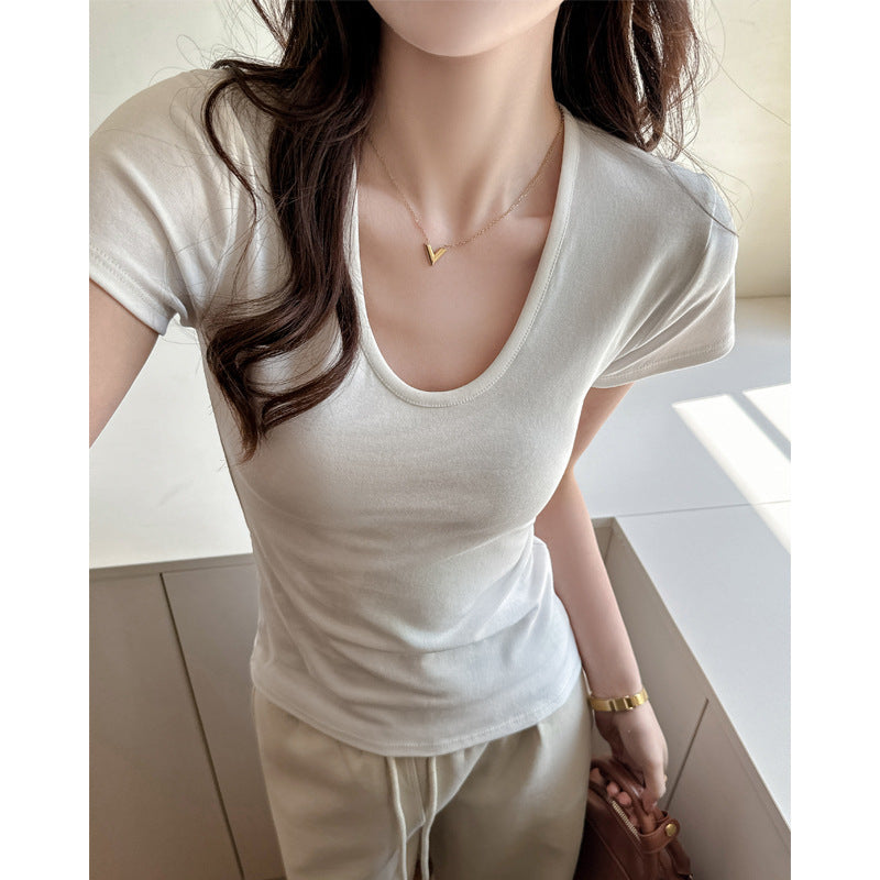 Deep U-neck, straight shoulder short-sleeved summer slim-fit inner layer